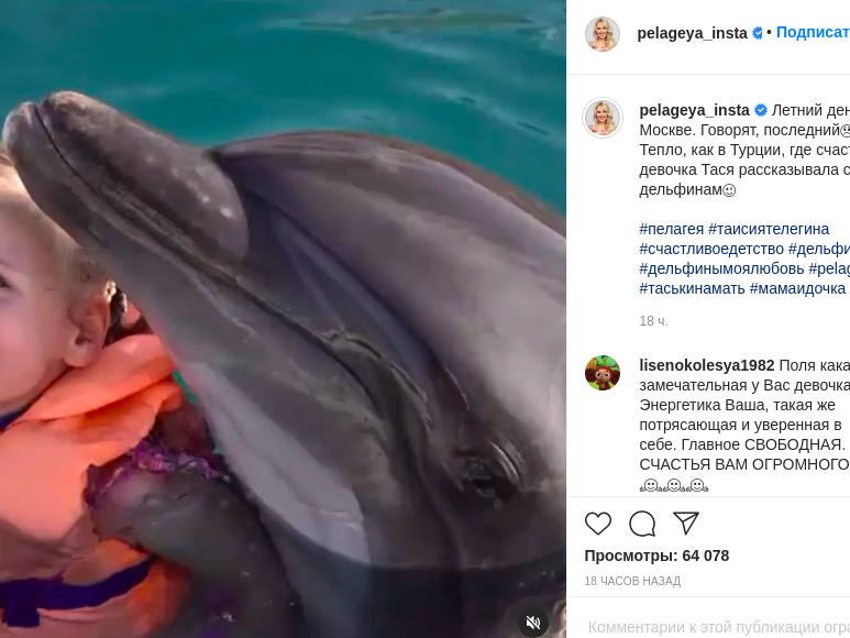 Image for Пелагея опубликовала видео, где ее маленькая дочь плавает с дельфинами