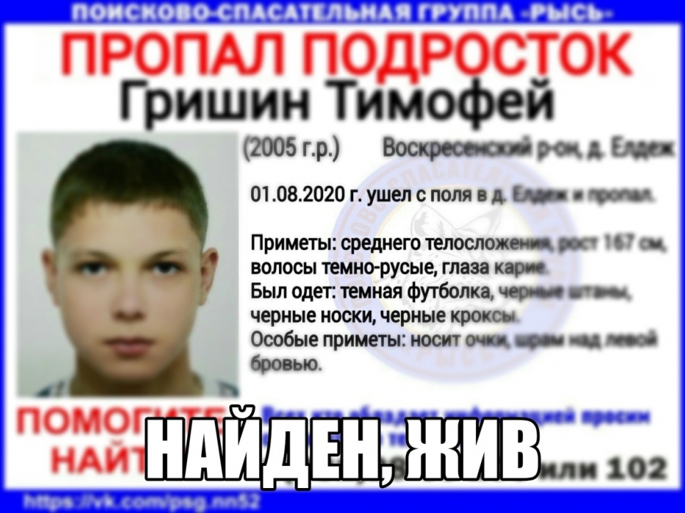 15-летнего Тимофея Гришина нашли после двух недель поисков в Нижегородской области