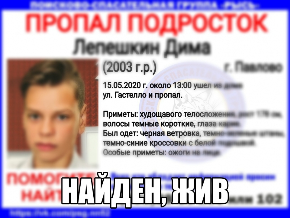Image for 17-летнего павловчанина Диму Лепешкина нашли живым