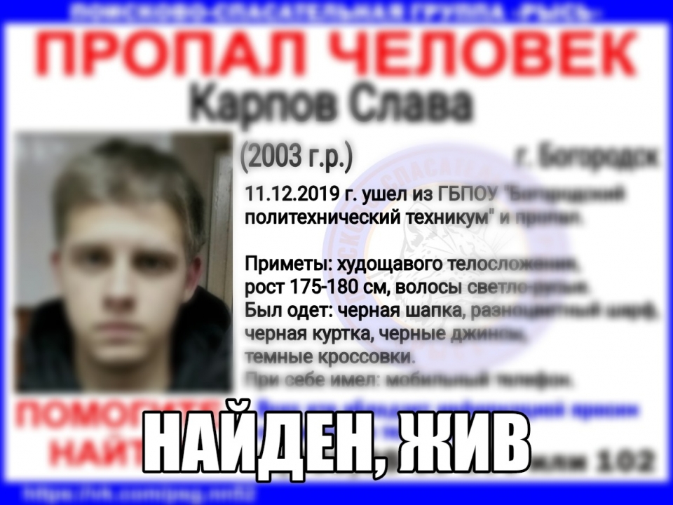 Image for 16-летний Александр Карпов из Богородска найден живым