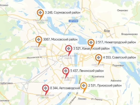 Опубликована обновленная карта заражения Нижнего Новгорода