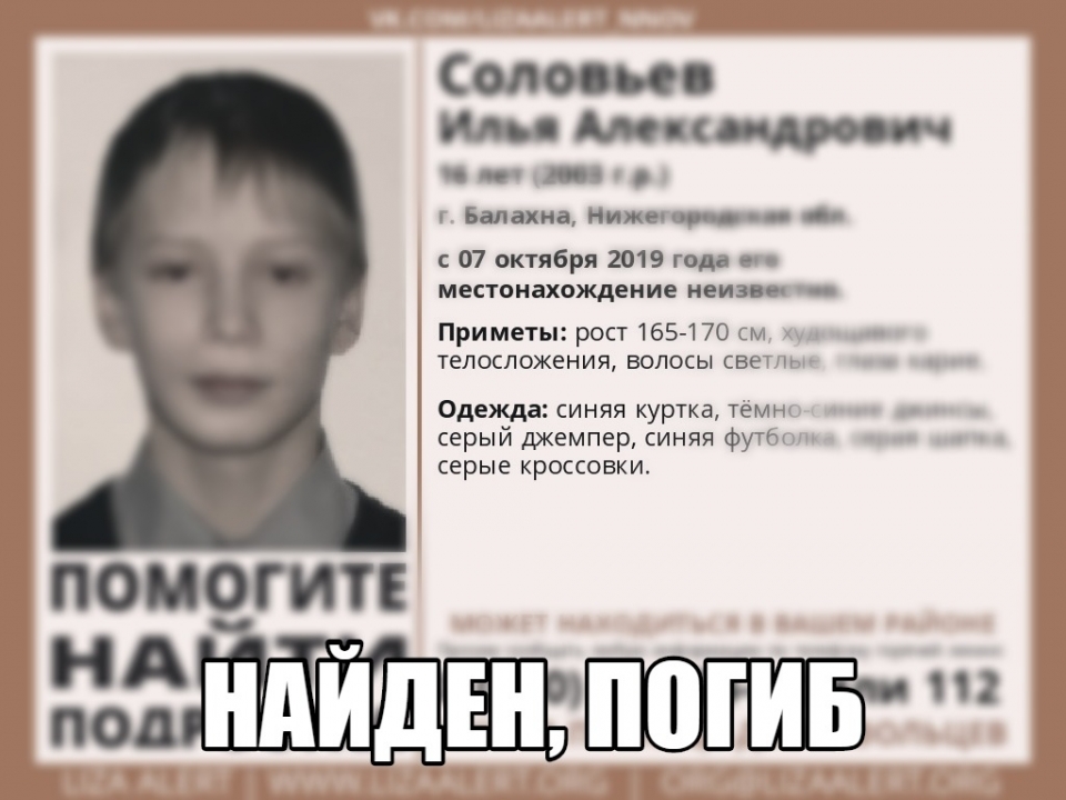 16-летний Илья Соловьев, пропавший в Балахне, найден мертвым в лесополосе
