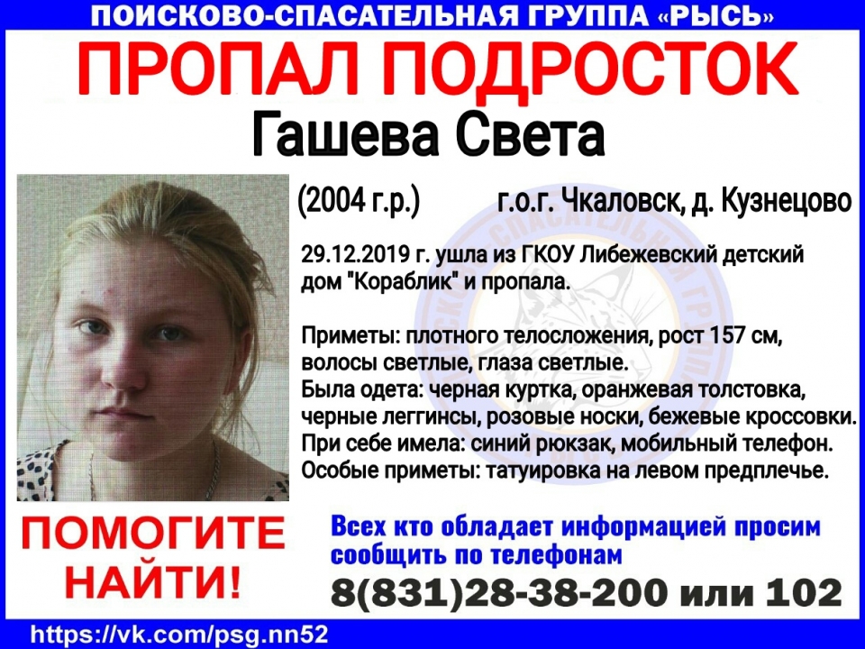 В Нижегородской области продолжаются поиски 16-летней Светланы Гашевой 