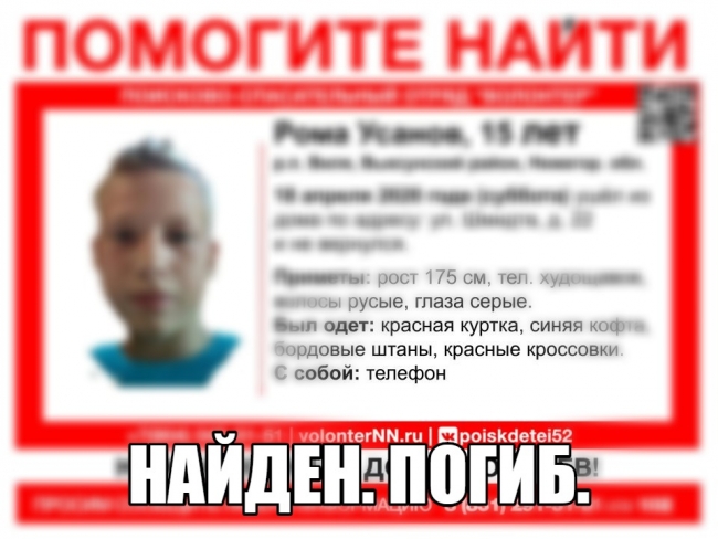 Image for Пропавший в Выксунском районе 15-летний Рома Усанов погиб